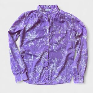 Vintage Campus Casuals California Blouse Purple Tropical Print Cottagecore Boho